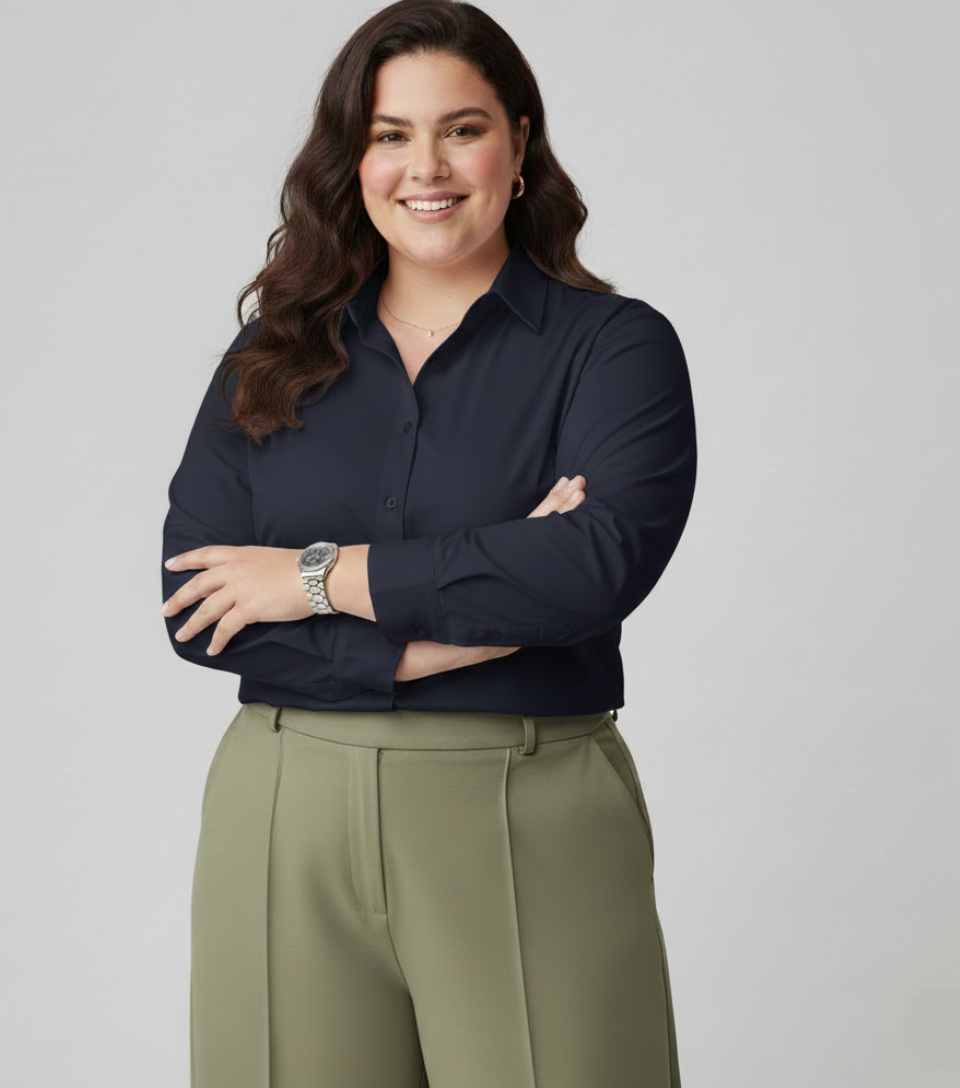 Camisa Social Tricoline Feminina Plus Size | Caimento Executivo, Elegância e Conforto