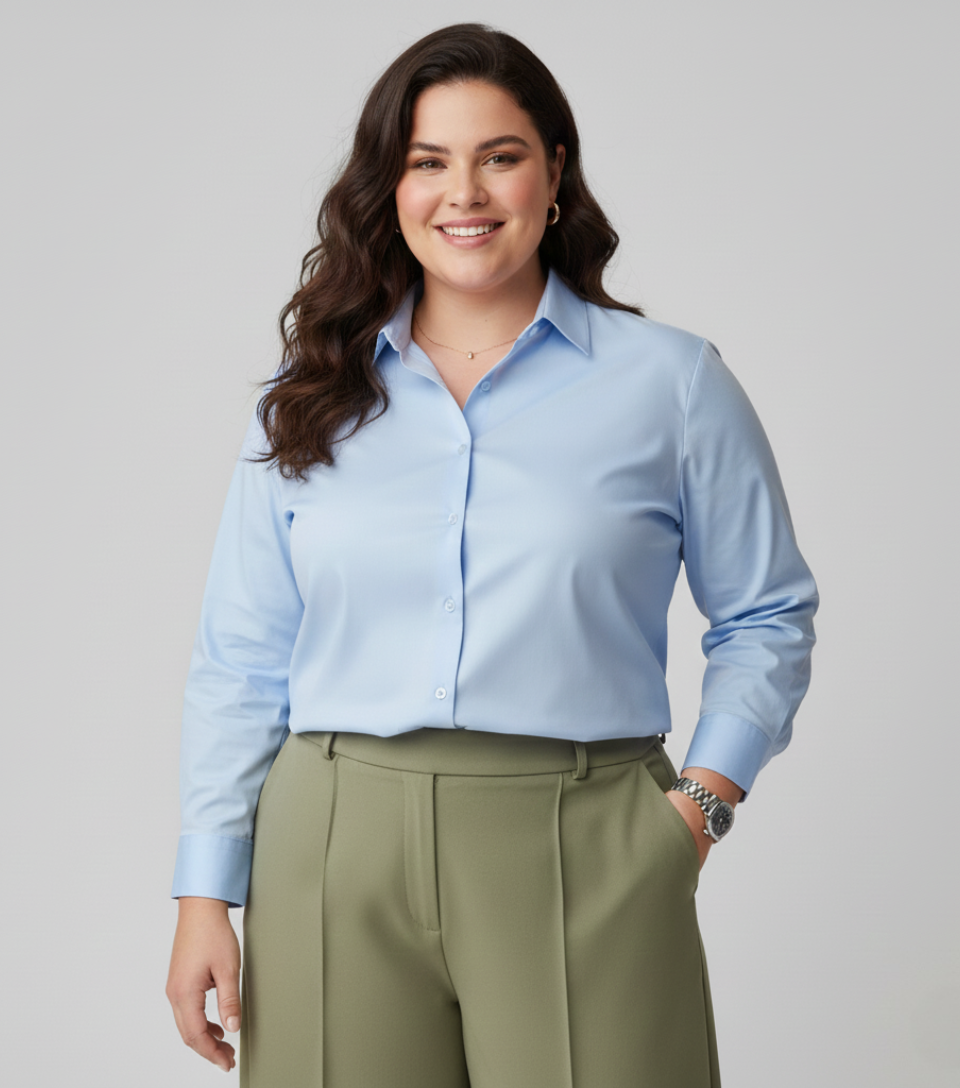 Camisa Social Tricoline Feminina Plus Size | Caimento Executivo, Elegância e Conforto