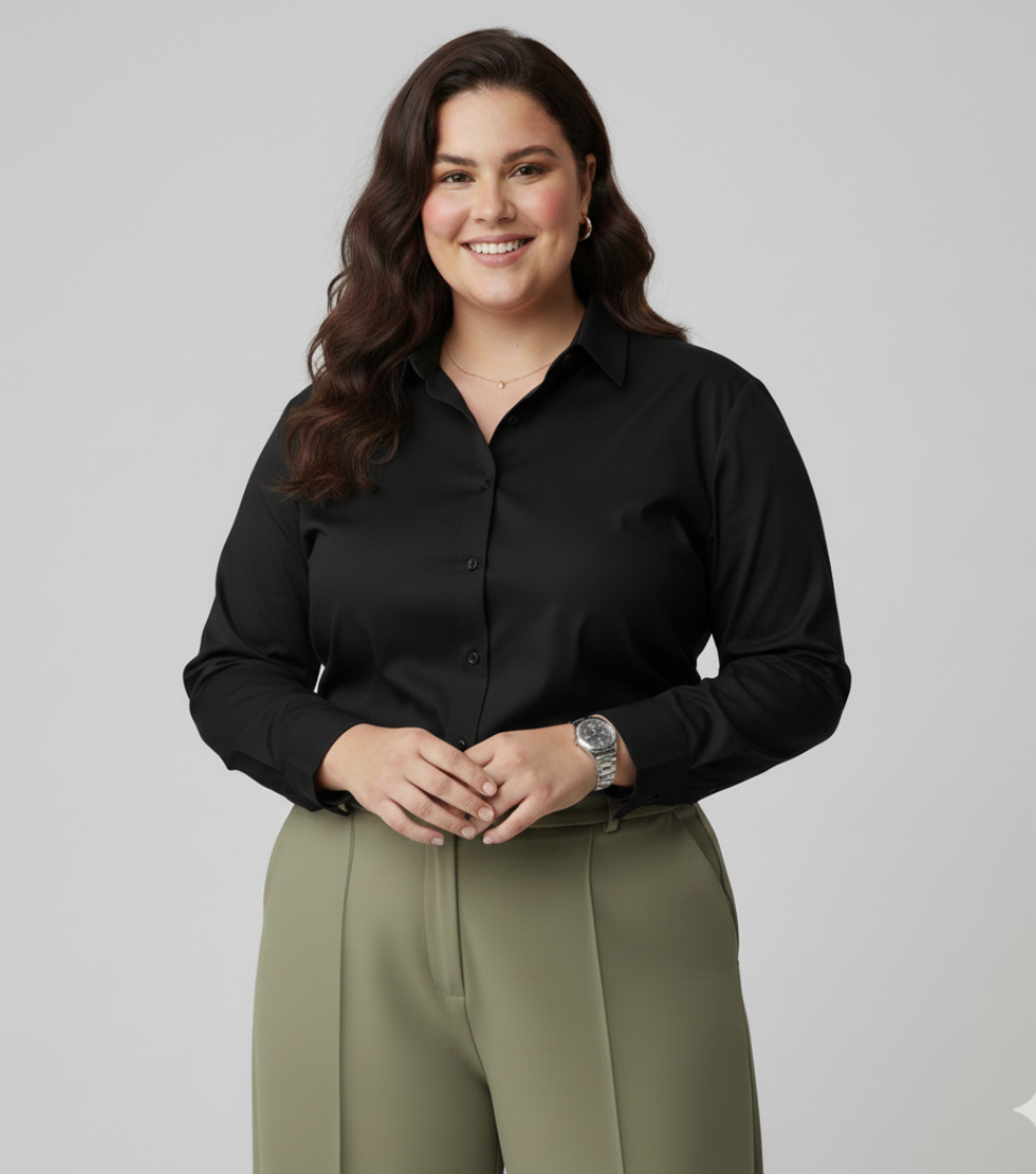 Camisa Social Tricoline Feminina Plus Size | Caimento Executivo, Elegância e Conforto