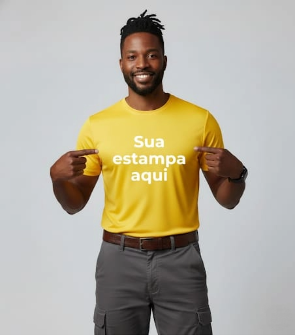 Camiseta Poliéster para Sublimação "Sua Estampa Aqui" | Cores Vivas e Personalização Ilimitada