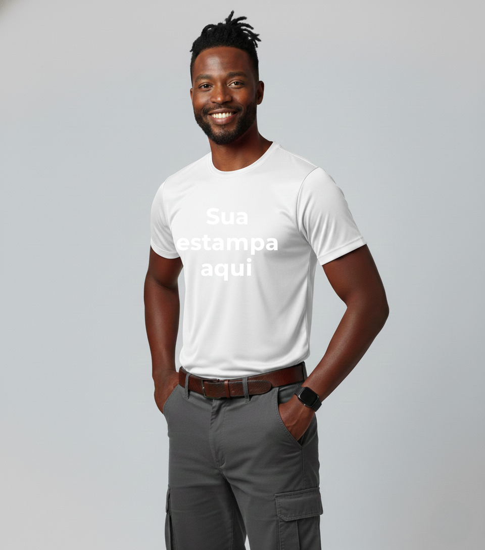 Camiseta Poliéster para Sublimação "Sua Estampa Aqui" | Cores Vivas e Personalização Ilimitada